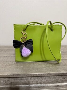 Guess Lime Green Mini Shoulder Tote with Black Bow & Lavender Pom